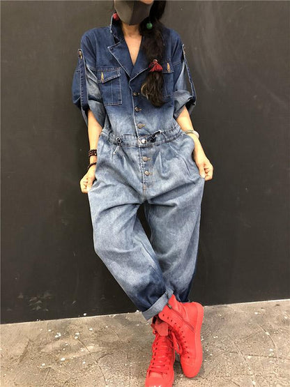 Loose Denim Gradient Lapel With-pockets Jumpsuits
