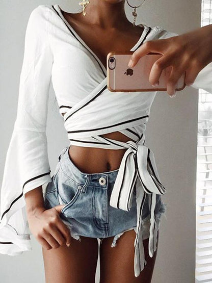 Sexy V-neck Bandage Mandarin Sleeve Contrast Color Blouses&shirts Tops