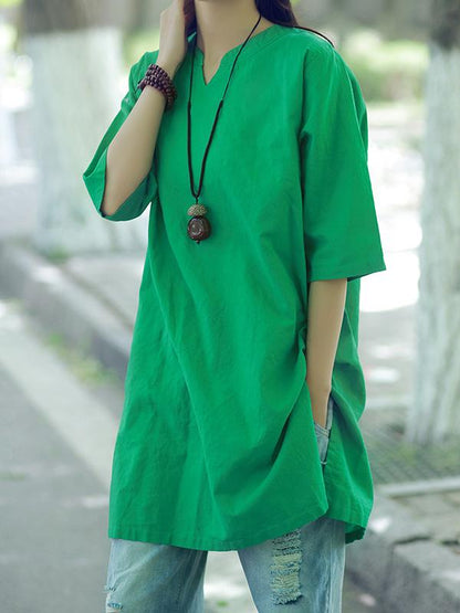 Simple Ramie Cotton V-neck Tops