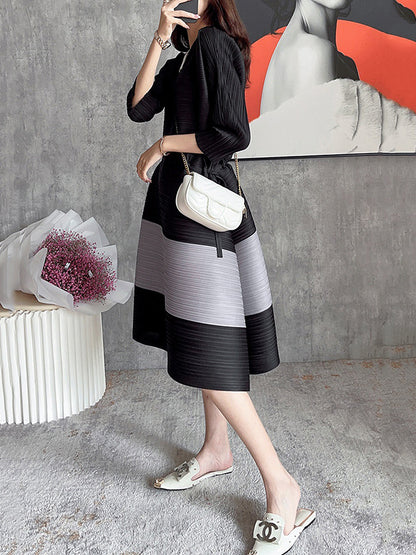Fashion Irregular Contrast Color Pleated Drawstring Midi Dress