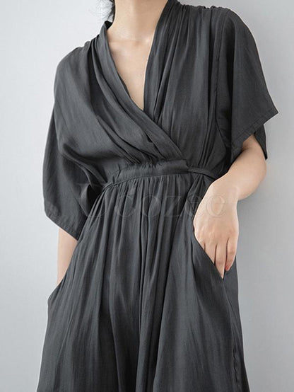 Loose Solid V-neck Bandage Cropped Midi Dress
