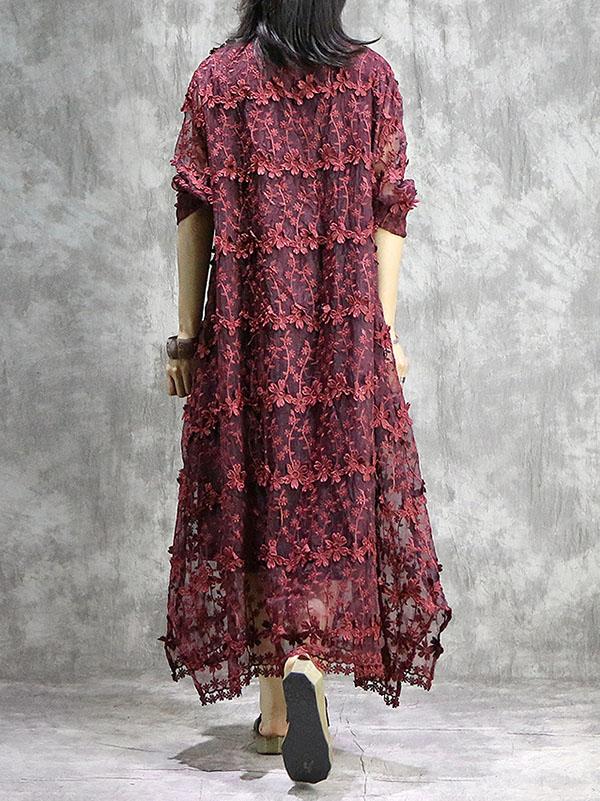 Loose Solid Hollow Flower Embroidered Maxi Dresses
