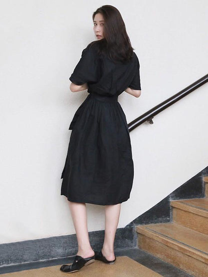 Ramie Cotton  Black Loose V-neck Batwing Sleeves Linen Dress