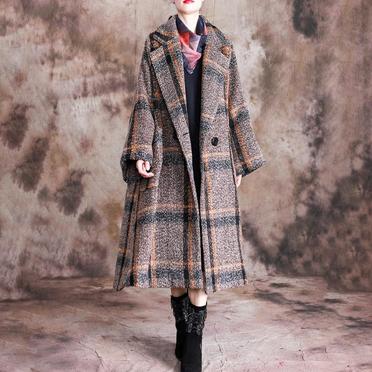 Buykud Tailored Collar Plaid Fashion Casual Trench Coat