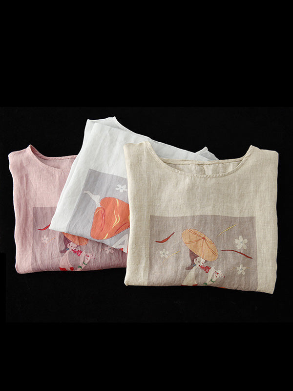 Ramie Cotton Printing Round-Neck T-Shirts Tops