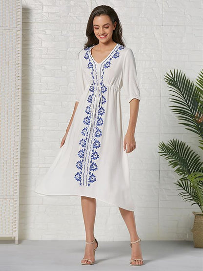 Bohemia Embroidered Floral V Neck Midi Dress