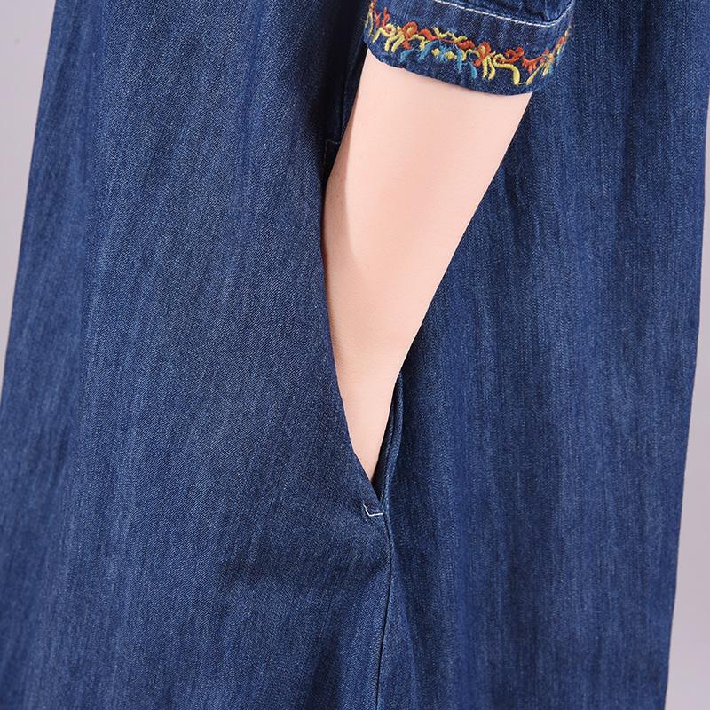 Buykud Solid Color Denim Loose Embroidery V-neck Dress