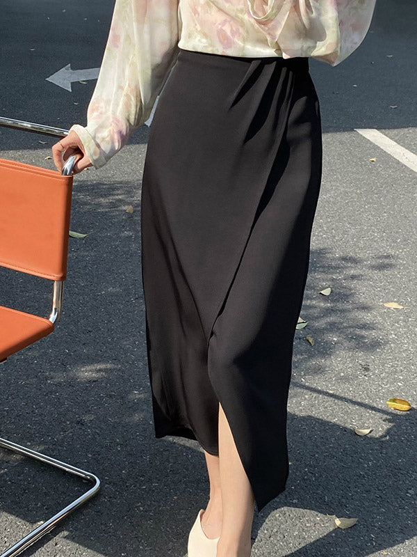 Stylish Solid Color Asymmetric Split-Front Elastics A-Line Skirts