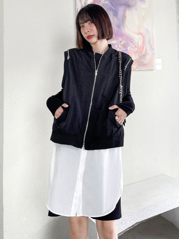 Cool Street Split-Joint Zipper Buttoned Round-Neck Sleeveless False Two Vest Outwear