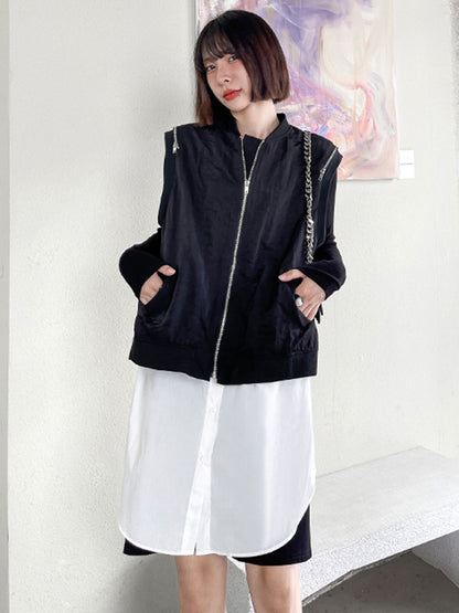 Cool Street Split-Joint Zipper Buttoned Round-Neck Sleeveless False Two Vest Outwear