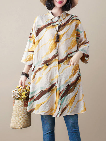 Artistic Retro Contrast Color Printed Split-Joint Blouse