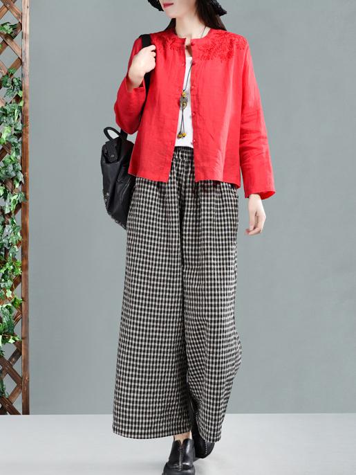 Leisure Ramie Cotton Plaid Wide-leg Pants
