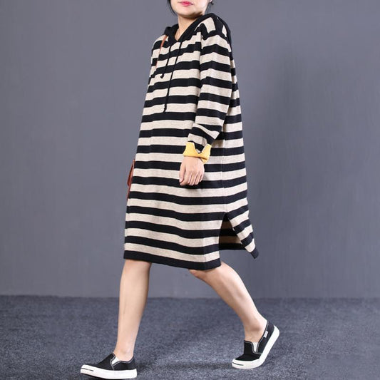 Women Cotton Hooded Striped Black Gray Sweater Dress