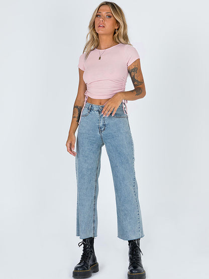 6 Colors Simple Solid Color Drawstring Skinny T-Shirt