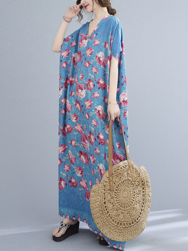 Loose Floral Printed V-Neck Short Sleeves Maxi Dress