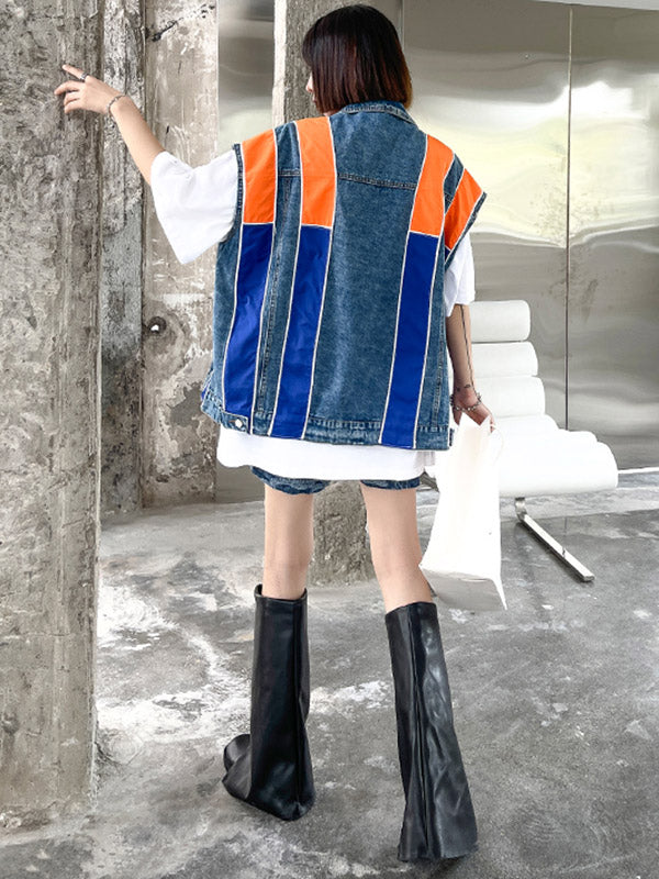 Stylish Split-Joint Striped Lapel Collar Sleeveless Denim Vest Outwear