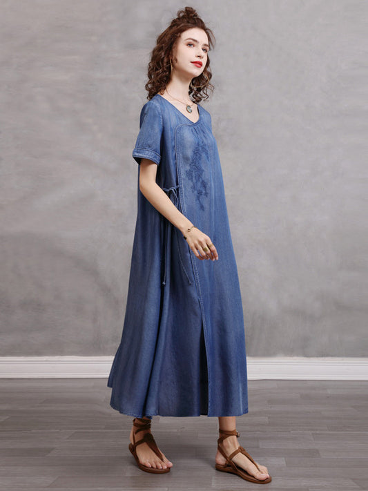 Casual Tencel Asymmetric Embroidered Short Sleeves Round-Neck Midi Dress