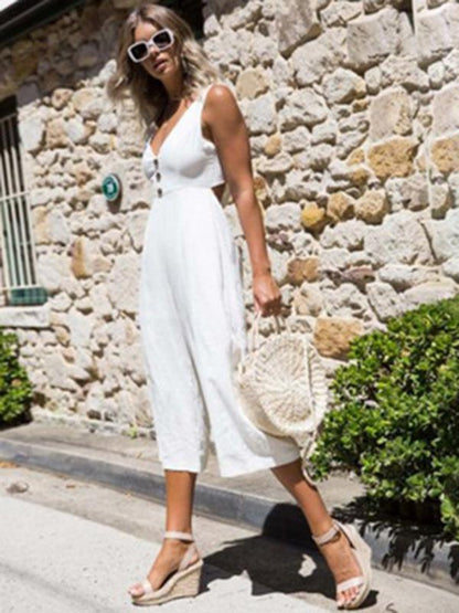 V-Neck Wide Leg Jumpsuits Bottoms