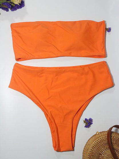 Solid Bandeau High Cut Bikinis Swimwear