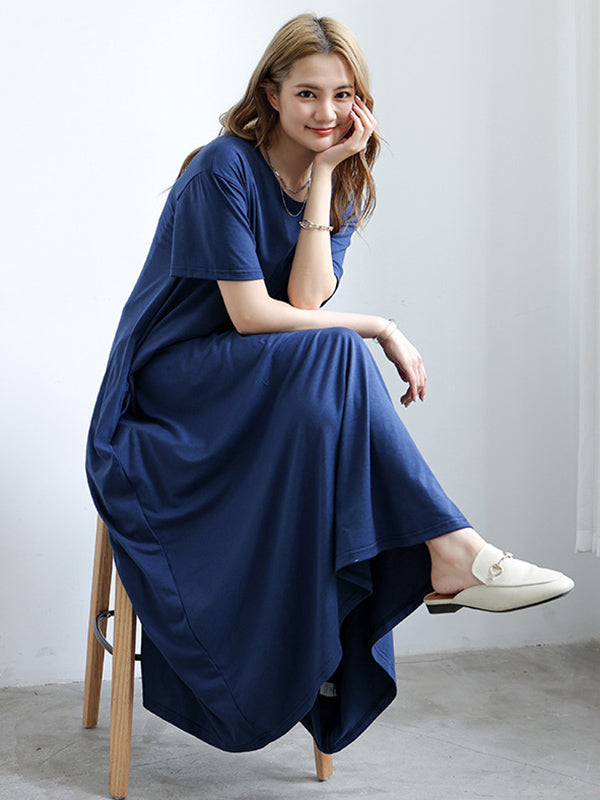 Simple Solid Color Oversized A-Line Round-Neck Short Sleeves Maxi Dress