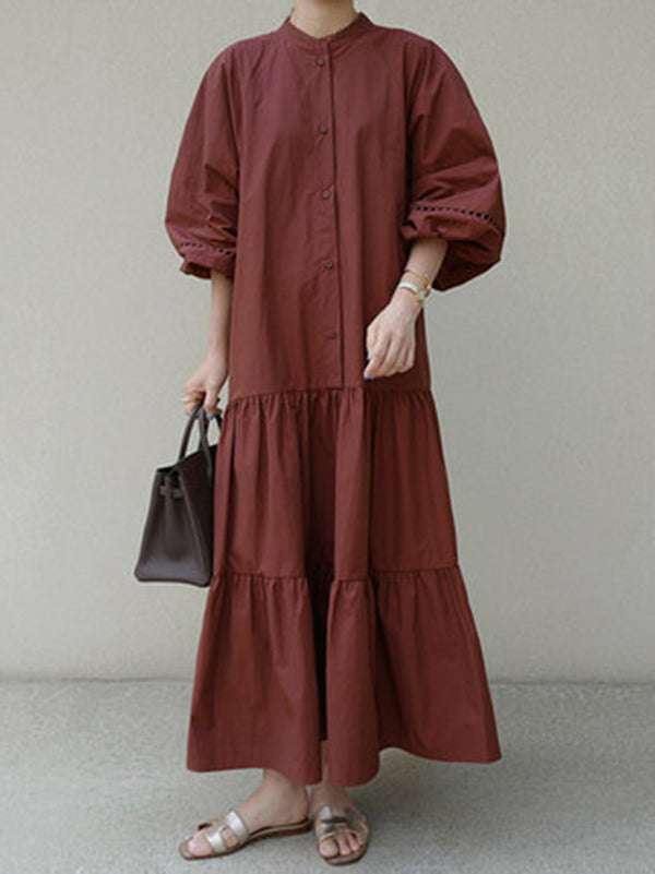 Casual Solid Color Pleated Buttoned Stand Collar Hollow Puff Sleeves Midi Dress