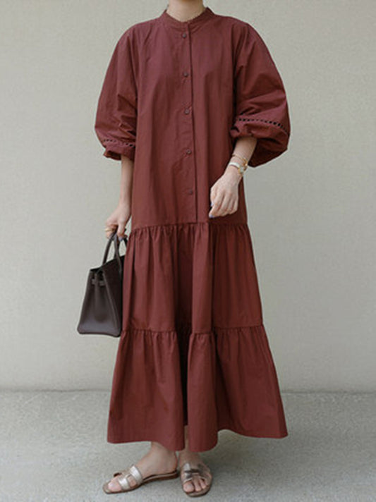 Casual Solid Color Pleated Buttoned Stand Collar Hollow Puff Sleeves Midi Dress