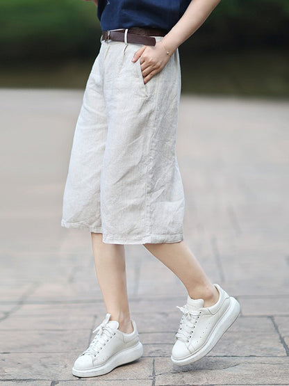 Casual Cotton Blend Solid Column Wide Leg Shorts
