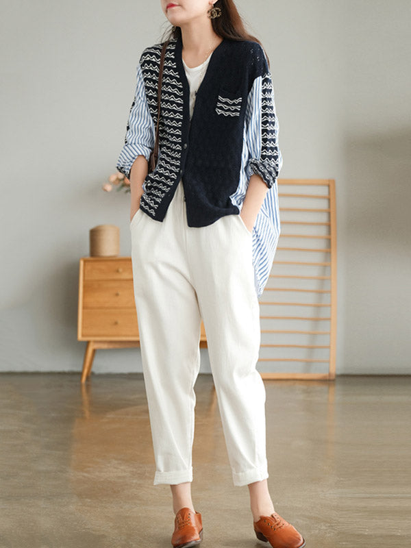 Original Asymmetric Buttoned Split-Joint Hollow V-Neck Long Sleeves Cardigans