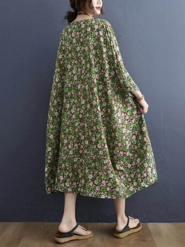 Vintage Loose Floral Printed Round-Neck Batwing Sleeves Midi Dress