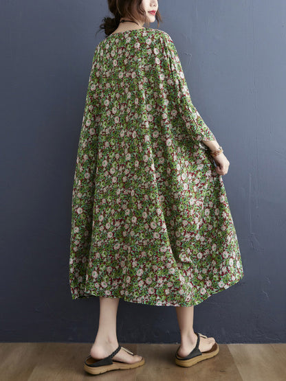 Vintage Loose Floral Printed Round-Neck Batwing Sleeves Midi Dress