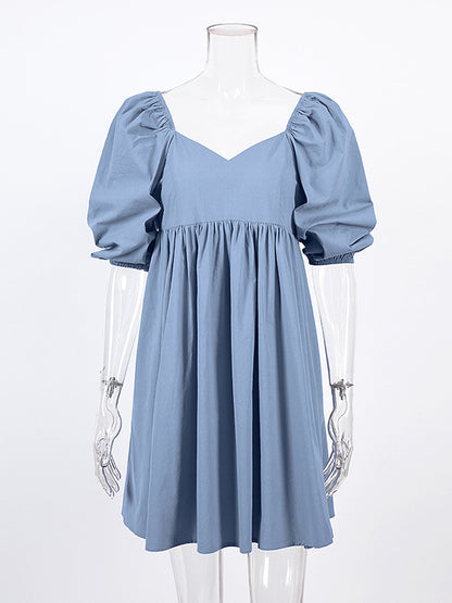 Stylish Split-Joint Pleated Puff Sleeves A-Line Mini Dress