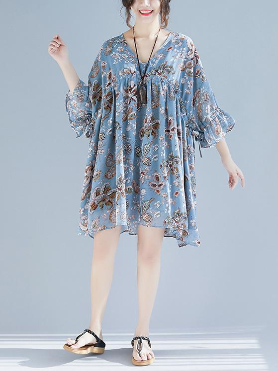 V-neck Fresh Loose Plus Size Floral Mini Dresses