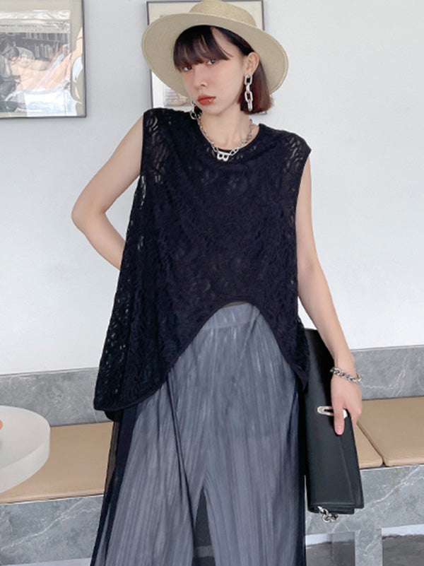 Stylish Asymmetric Hollow Split-Joint See-Through Round-Neck Vest