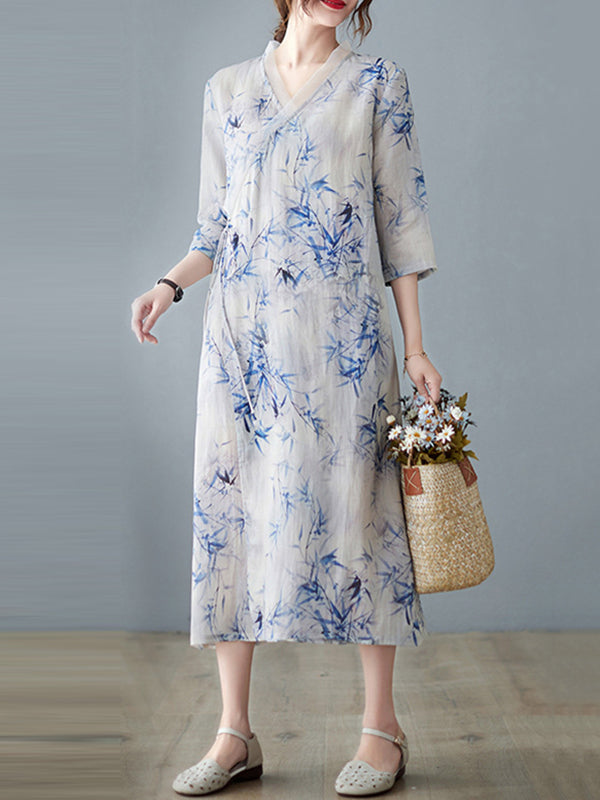 Artistic Retro Loose Floral Printed Tied V-Neck Midi Dress