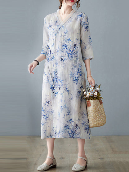 Artistic Retro Loose Floral Printed Tied V-Neck Midi Dress