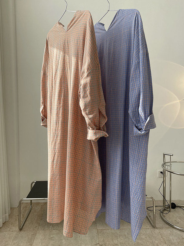 Urban Asymmetric Plaid Round-Neck Batwing Sleeve Shirt Dress