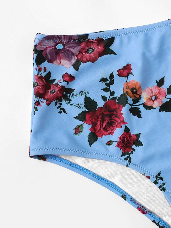 Floral-Print Bowknot Bandeau Split Bikini Swimsuit