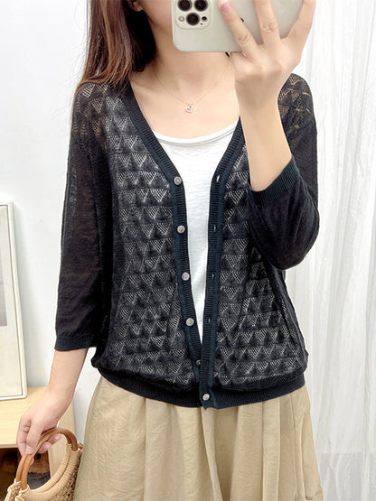 Loose Solid Color Linen Hollow Knitting Cardigan Top
