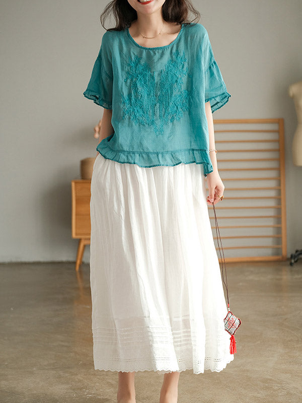 Ramie Cotton Embroidered Round-Neck T-Shirts Tops