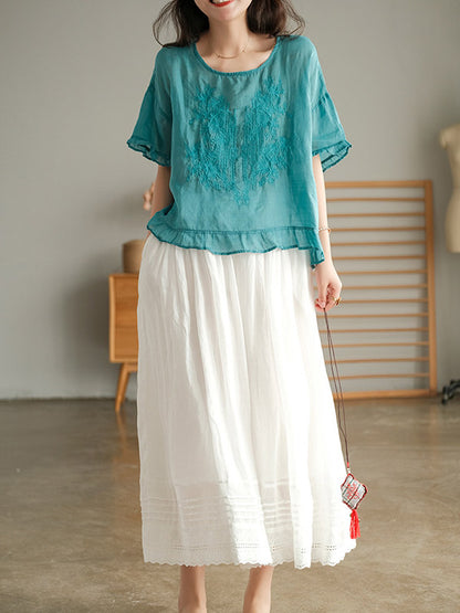 Ramie Cotton Embroidered Round-Neck T-Shirts Tops