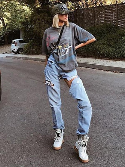 Irregular High Waist Chic Holes Jeans
