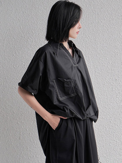 Urban Solid Color High-Low Batwing Sleeves Lapel V-Neck Shirts