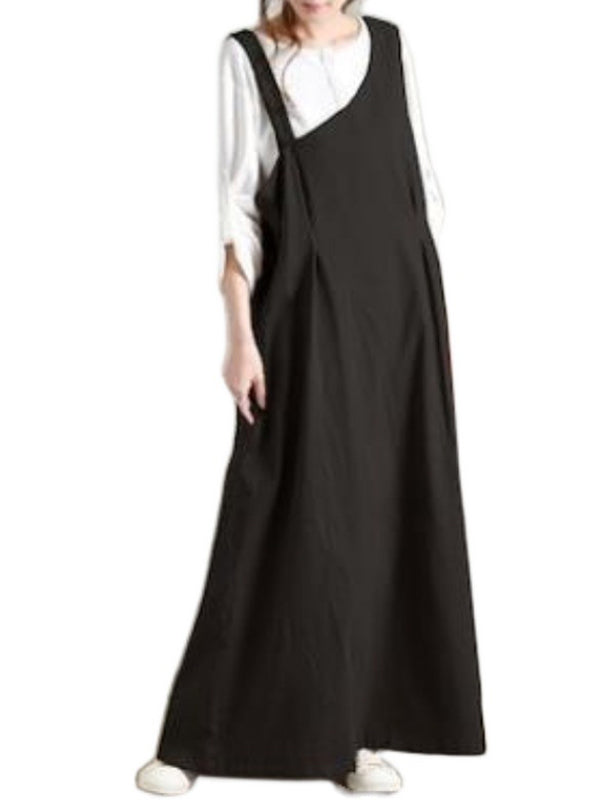 Casual Ramie Cotton Solid Color Belted V-Neck Sleeveless High-Waist One-Shoulder Strap Dress