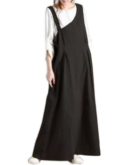 Casual Ramie Cotton Solid Color Belted V-Neck Sleeveless High-Waist One-Shoulder Strap Dress