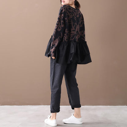 Buykud Agaric Lace Printed Spliced O-neck Blouse