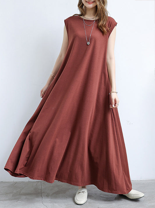 Simple Solid Color Oversized A-Line Round-Neck Cap Sleeves Maxi Dress