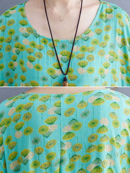 Summer Plant Printing Batwing Sleeves Split-Joint Round-Neck Long Dress