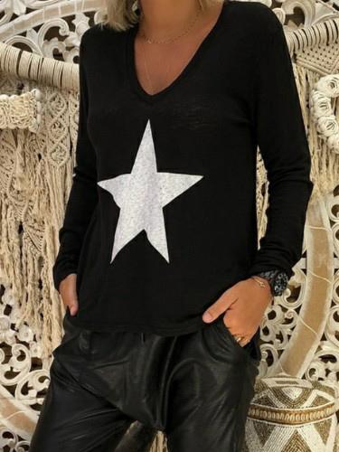 Printed V-neck Long Sleeve T-Shirt