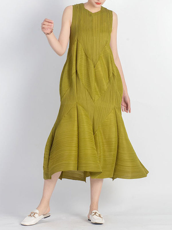 Casual Sleeveless Loose Pleated Solid Color Round-Neck Midi Dresses