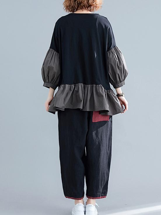 Loose Solid Falbala Split-joint Lantern Sleeve T-Shirt&Pants Suits